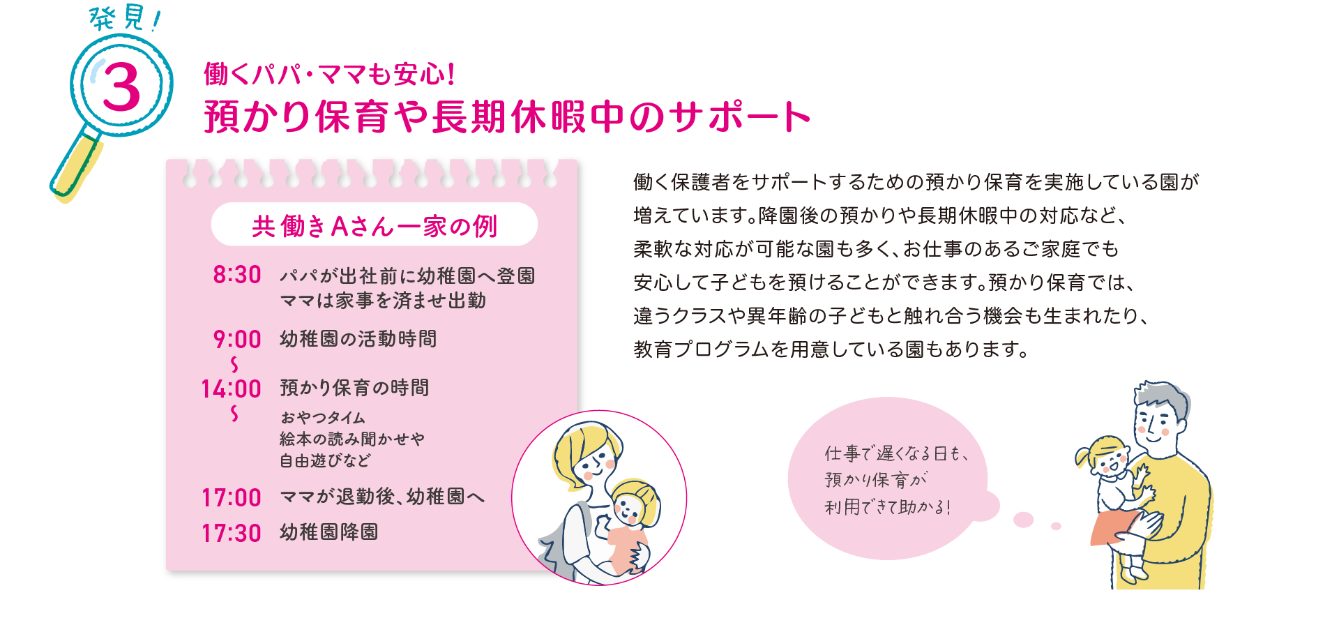 発見！3 預かり保育や長期休暇中のサポート
            働く保護者をサポートするための預かり保育を実施している園が増えています。
            降園後の預かりや長期休暇中の対応など、柔軟な対応が可能な園も多く、お仕事のあるご家庭でも安心して子どもを預けることができます。
            預かり保育では、違うクラスや異年齢の子どもと触れ合う機会も生まれたり、教育プログラムを用意している園もあります。
            『仕事で遅くなる日も、預かり保育が利用できて助かる！』