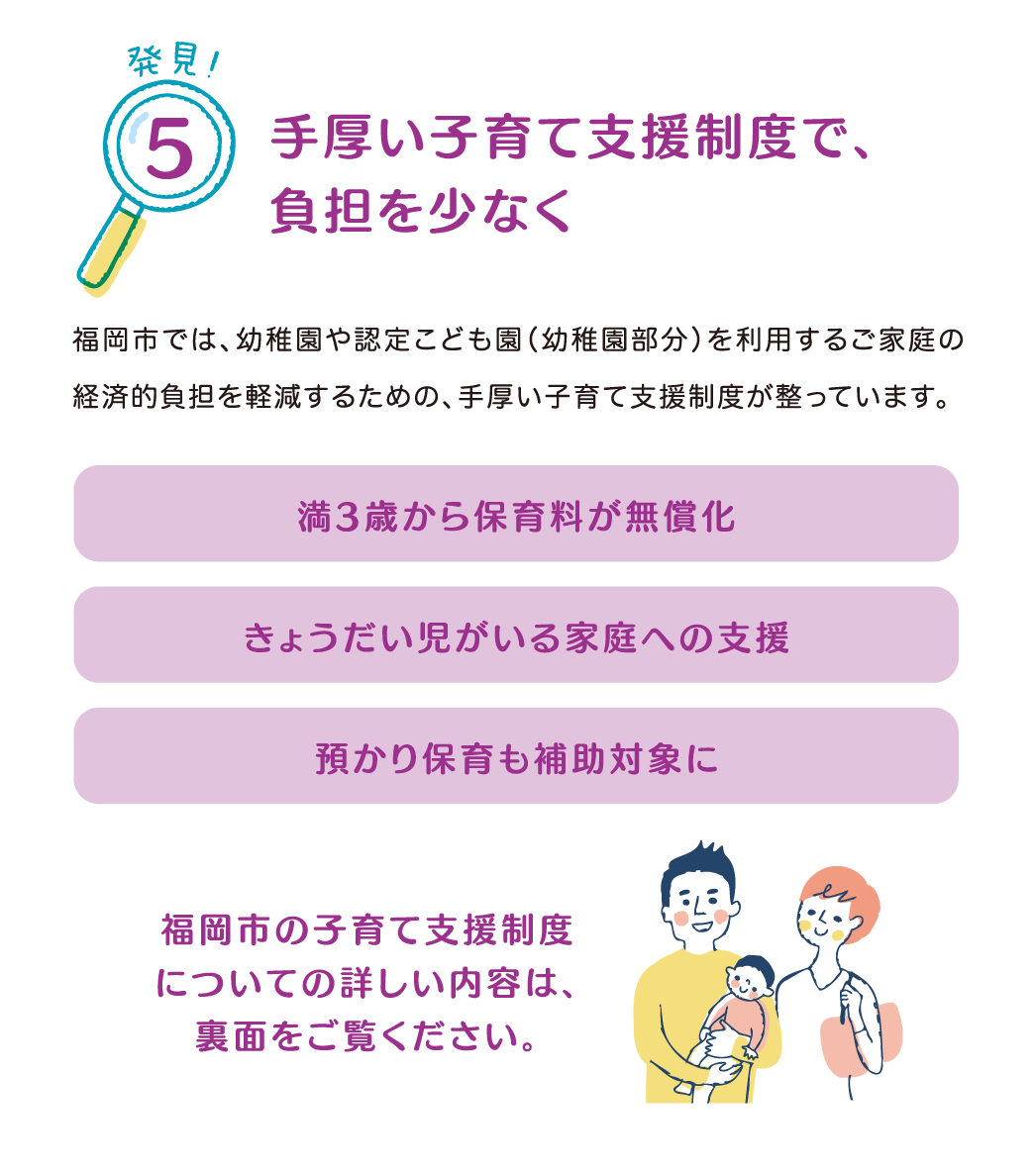 発見！5 手厚い子育て支援制度で、負担を少なく
            福岡市では、幼稚園や認定子ども園（幼稚園部分）を利用するご家庭の経済的負担を軽減するための、手厚い子育て支援制度が整っています。
            『満3歳から保育料が無償化』
            『きょうだい児がいる家庭への支援』
            『預かり保育も補助対象に』
            福岡市の子育て支援制度についての詳しい内容は、裏面をご覧ください。